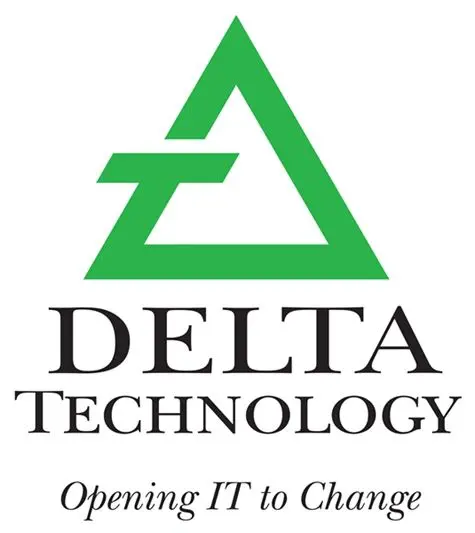 A green triangle with the words delta technology in it.